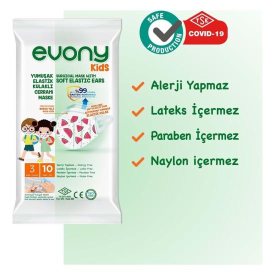 EVONY KİDS YUMUŞAK ELASTİK KULAKLI CERRAHİ MASKE 10’’LU